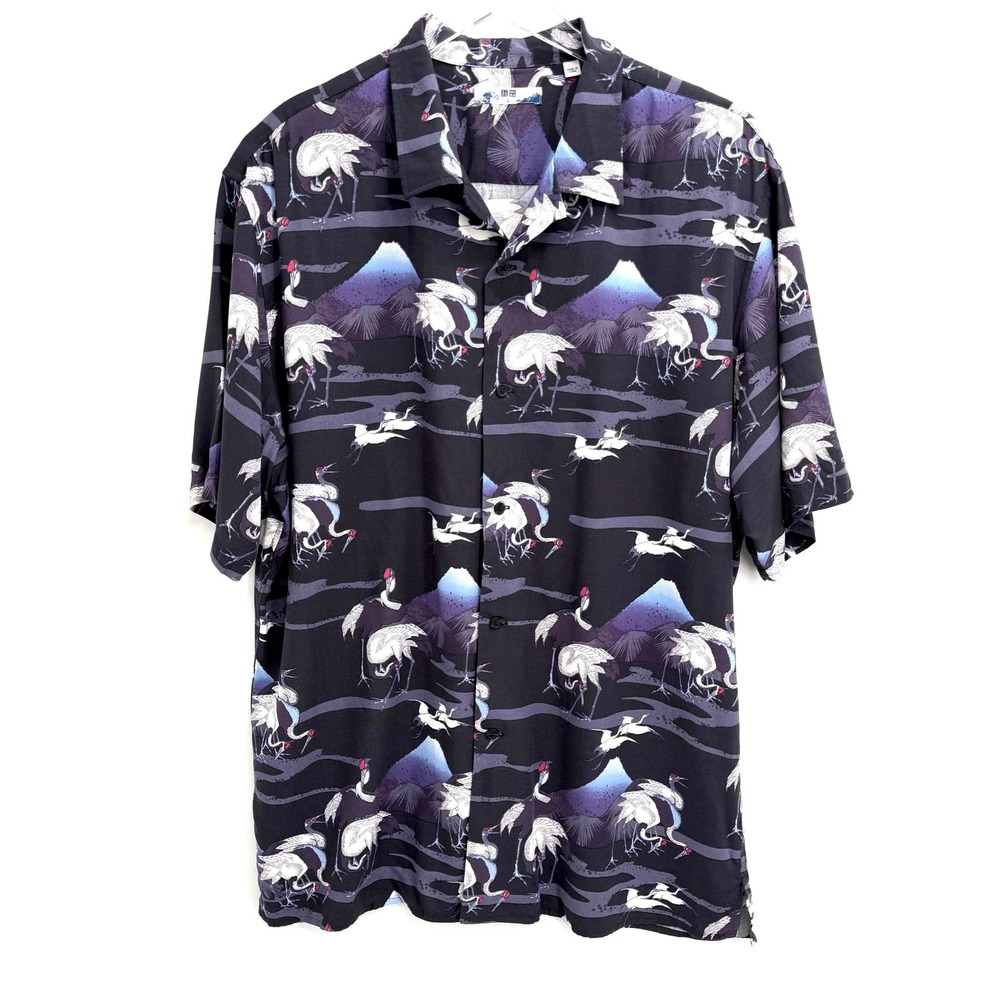 Uniqlo Hokusai Fuji Crane Shirt Mens L Rayon Graphic Print Button Up Blue